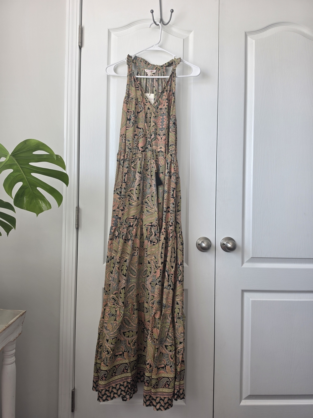 Boemo Boho Maxi Dress in Peach & Olive - Sleeveless Summer Tiered Dress NWT